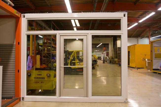 A look at a glass storefront, made by Xtreme Manafacturing, that will be used in the Downtown Container Park, Monday Jan. 7, 2013.